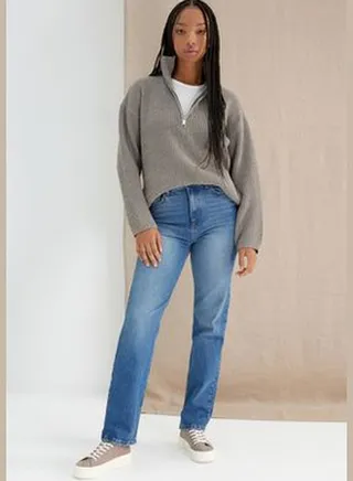 Dark Blue High Waist Long Comfort Straight Jeans TWOAW24JE00063