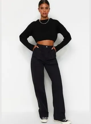 Black Pocket Detailed High Waist Wide Leg Jeans TWOAW22JE0595
