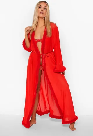 Plus Kimono Robe With Fluffy Trim