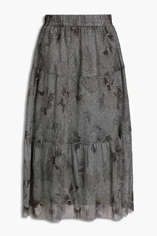 Land tiered metallic floral-print knitted midi skirt