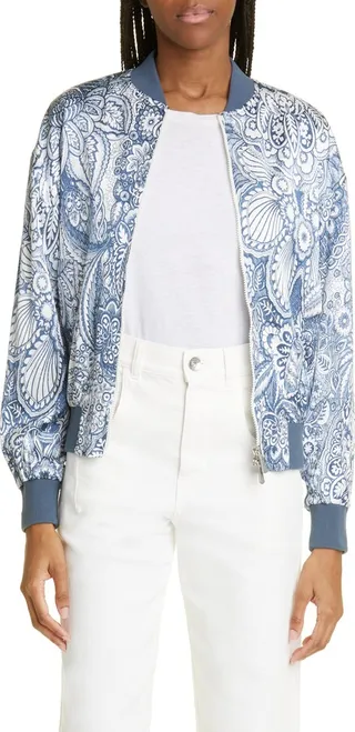 Paisley Print Stretch Satin Bomber Jacket