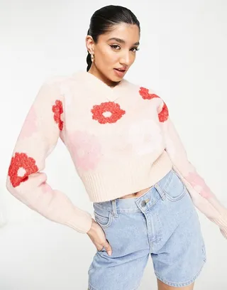 Monki V neck sweater oversized flower print in pink