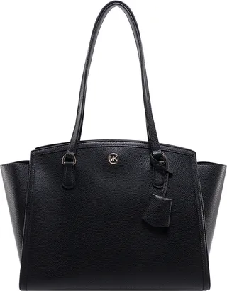 Leather shoulder bag with metal logoed hook