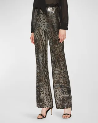 Butterfly-Print Sequin Jersey Wide-Leg Pants