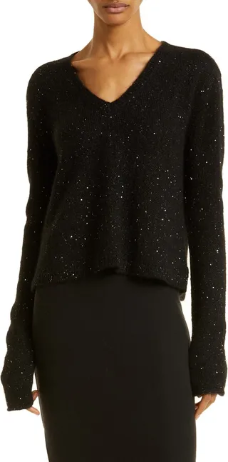 Sequin Long Sleeve V-Neck Sweater