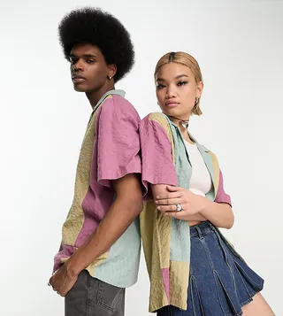 Reclaimed Vintage unisex short sleeve textured splice shirt in brights