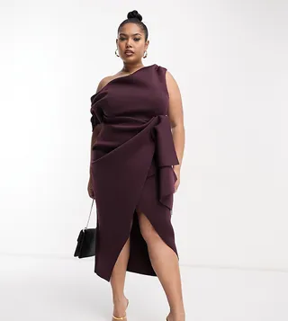 ASOS DESIGN Curve fallen shoulder manipulated tuck body-conscious midi dress in aubergine purple