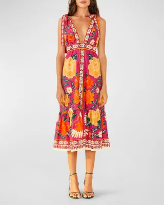 Flower Tapestry Tie-Shoulder Midi Dress