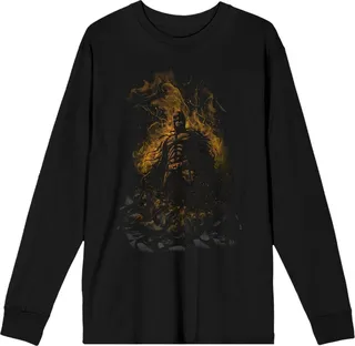Dark Knight Trilogy Batman in Flames Men’s Black Long Sleeve Shirt-Medium