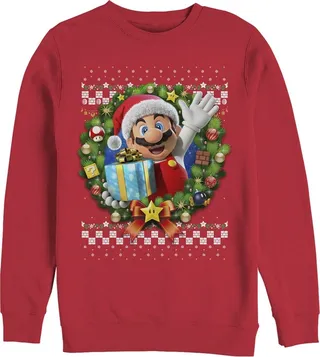 Men's Nintendo Ugly Christmas Mario Wreath Sweatshirt - Red - 2X Large