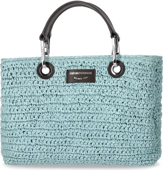 Emporio Armani Myea Small Light Blue Raffia Shopping Bag