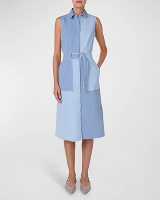 Cotton Seersucker Colorblock Midi Dress