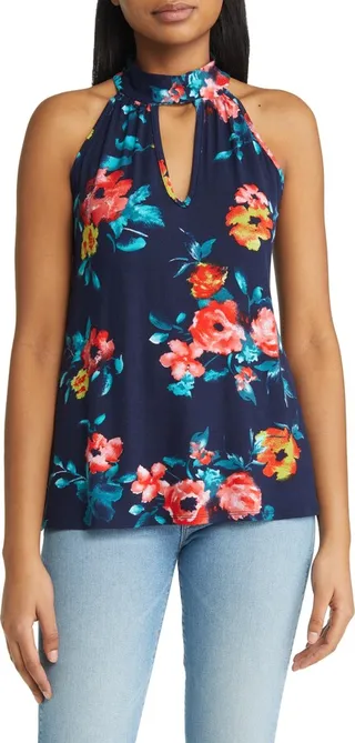Floral Cutout Mock Neck Halter Top