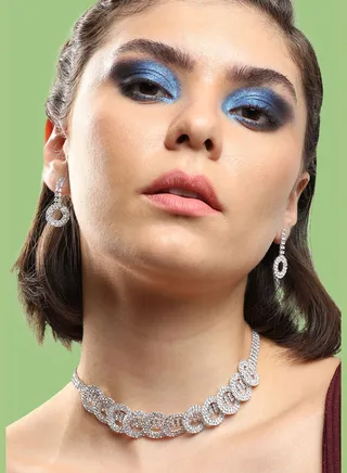 Silver Plated Party Designer Stone Necklace and Earring Set For Women