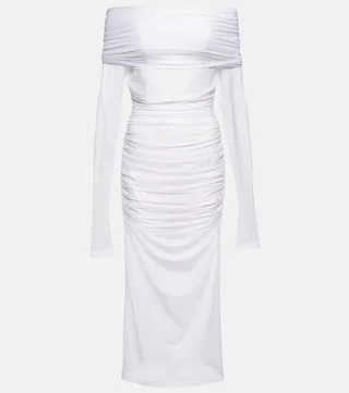 x Kim ruched off-shoulder tulle midi dress