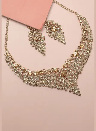 Gold Plated Designer Stone Party Necklace and Earring Set For Women