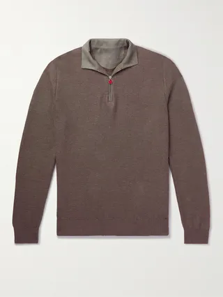 Suede-Trimmed Honeycomb-Knit Linen and Cashmere-Blend Half-Zip Sweater