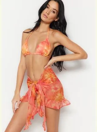 Orange Tie-dye Patterned Mini Knitted Chiffon Pareo TBESS23PR00008