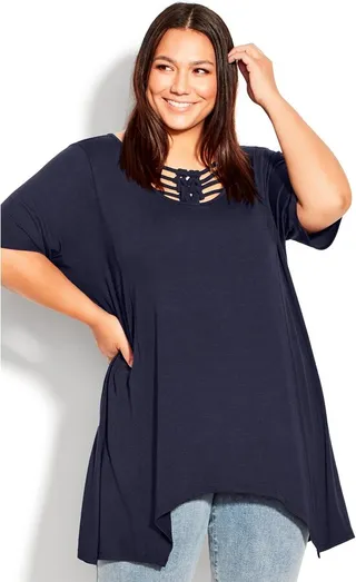 AVENUE | Women's Plus Size Knotted Cage Tunic - navy - 20W