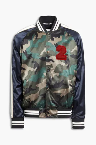 Embellished camouflage satin bomber jacket