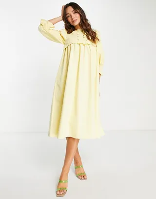 Lost Ink scallop detail midi smock dress in lemon yellow