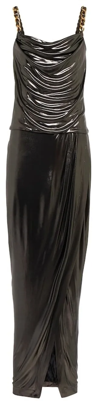 Chain-trimmed lame maxi dress
