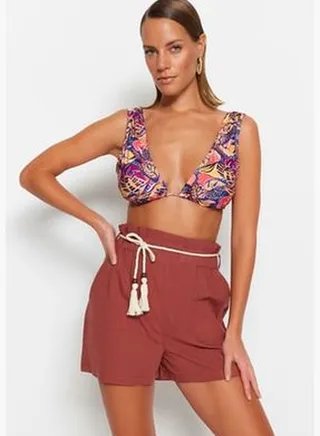 Brown Belt Woven Shorts With Ruffles 100% Cotton & Bermuda TBESS23SR00041