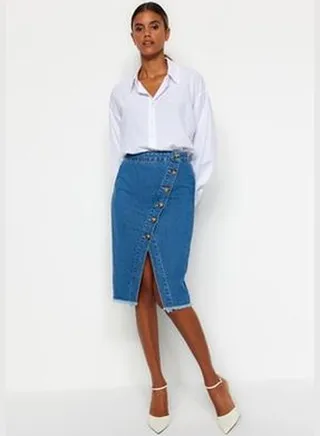 Blue Button Detailed Slit Midi Denim Skirt TWOSS20ET0494