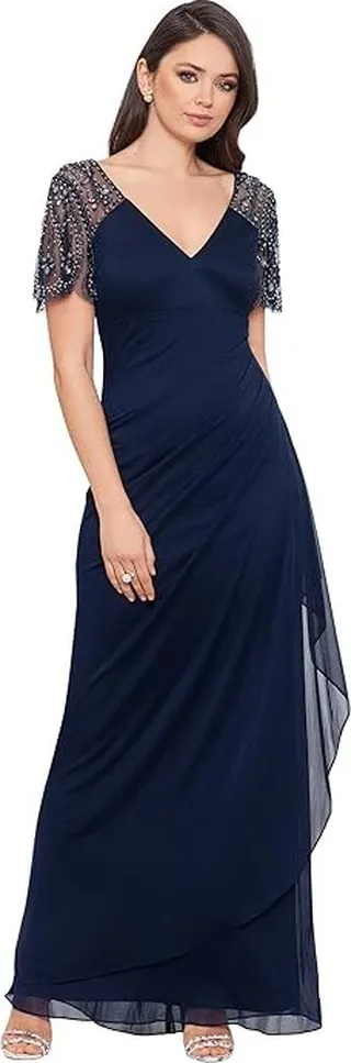 XSCAPE Long Sheer Matte Jersey Beaded Flutter Sleeve (Navy) Women's Clothing