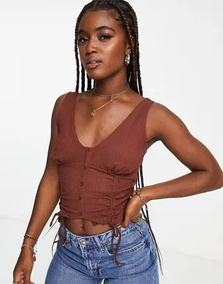 New Look ruched button vest in brown