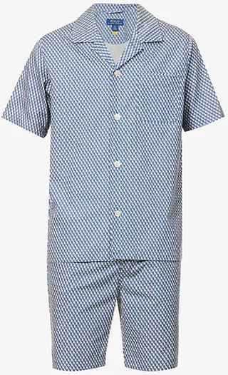 Mens Blue Player Micro Tile Logo-print Regualr-fit Cotton Pyjamas