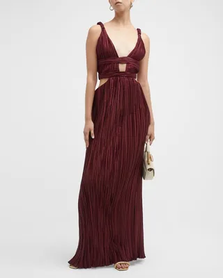Davida Pleated Cutout Back-Slit Gown