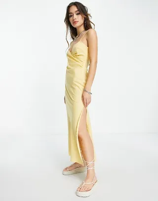 ASOS DESIGN linen strappy ruched side split leg midi sundress in lemon