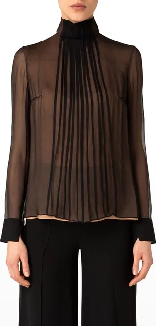 Pleated Turtleneck Silk Georgette Blouse
