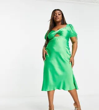 ASOS DESIGN Curve satin midi tea dress with twist front in green
