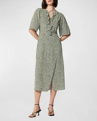 Penelope Leopard-Print Ruffle-Trim Midi Dress
