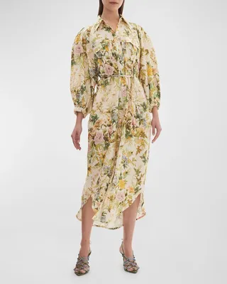 Eden Floral Linen Puff-Sleeve Midi Dress
