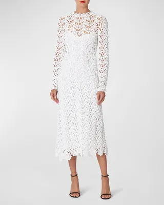 Mock-Neck Crochet Knit Midi Dress