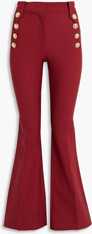 Button-embellished cotton-blend twill flared pants