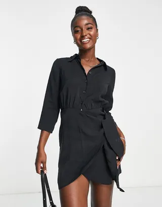 New Look wrap front shirt dress in black