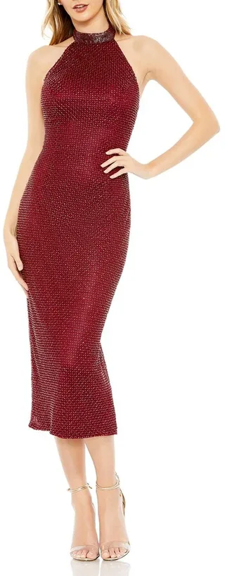 Hand Embellished Faux Wrap Flutter Sleeve Gown