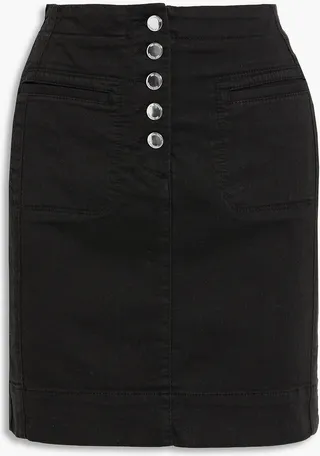 Patent leather-trimmed denim mini skirt