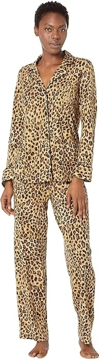 LAUREN Ralph Lauren Petite Knit Long Sleeve Notch Collar Long PJ Set (Leopard) Women's Pajama Sets