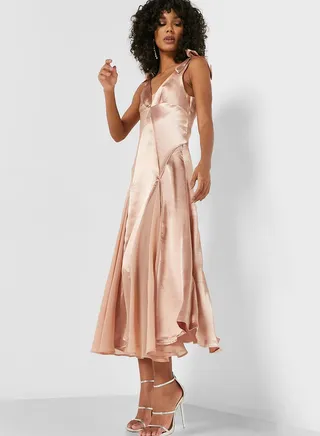 Plunge Neck Pleated Dress
