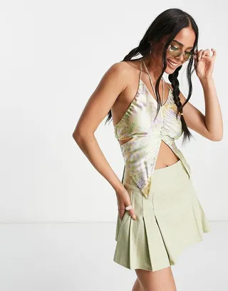 ASOS DESIGN ruched front satin cami with butterfly hem detail in abstract spot print