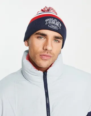 Tommy Jeans collegiate varsity stripe beanie in red