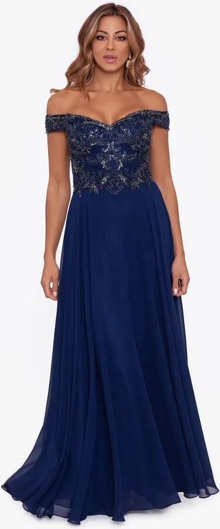 Long Off The Shoulder Chiffon Beaded