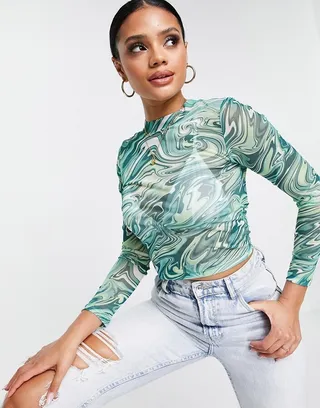ASOS DESIGN mesh high neck crop in green marble print - MGREEN