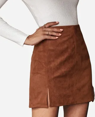 Women's Faux Suede Side Split Mini Skirt - Cupshe - Brown-M