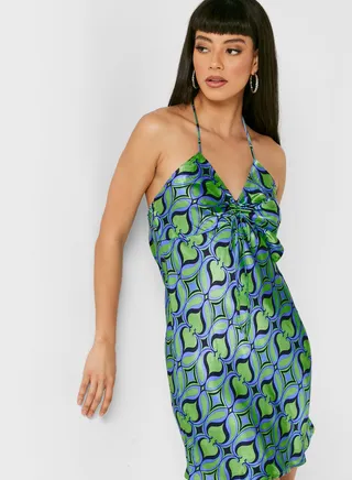 Halter Neck Printed Tie Detail Dress
